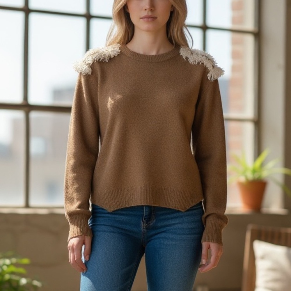 Zara Y2K Trafaluc Vintage Pearl Shoulder Accent Military Knit Top Size M